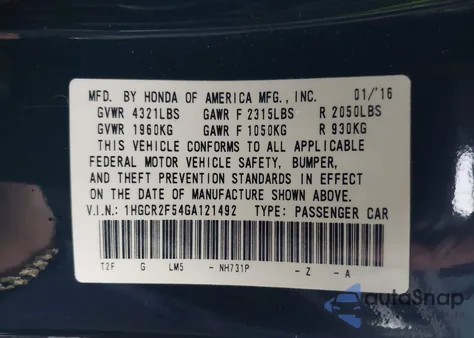 2016 Honda Accord Sport from USA, damaged, VIN 1HGCR2F54GA121492